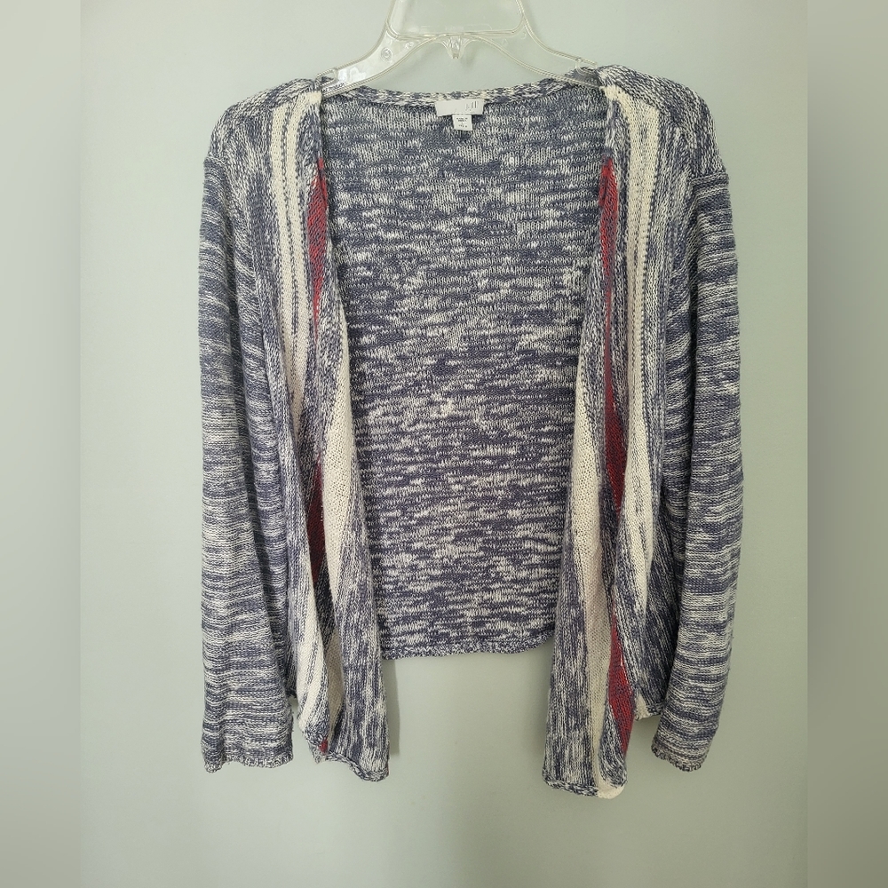 J. Jill Women Size Large Petite LP Open‎ Draped Front Cardigan Sweater Blue Red